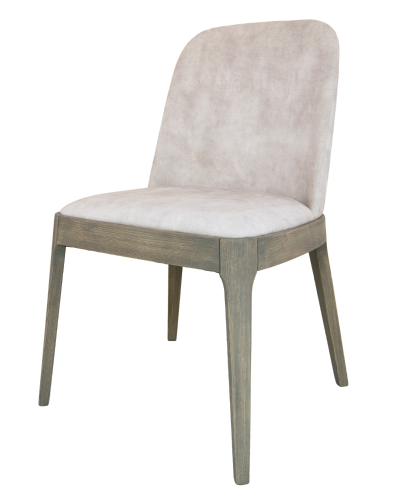 Beige upholstered chair with wooden frame on a white background