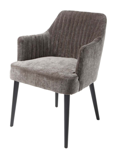Grey upholstered chair with black legs on a white background
