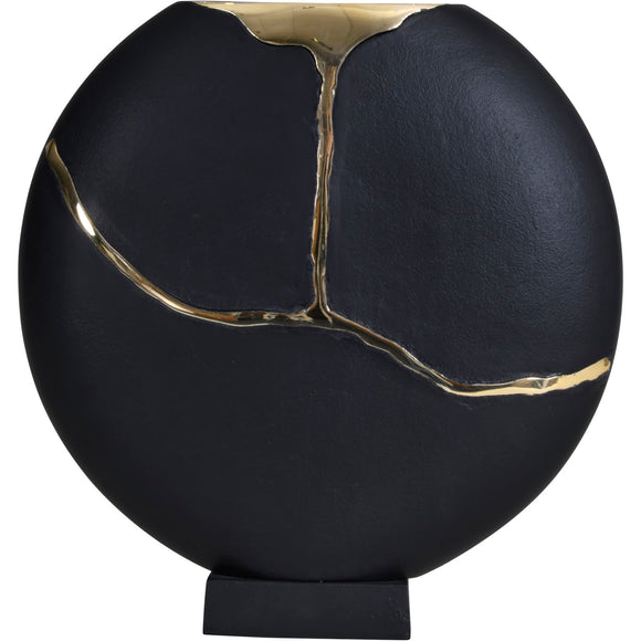 Arizona Black Aluminium Moon Vase on Base with Gold Lava Detail